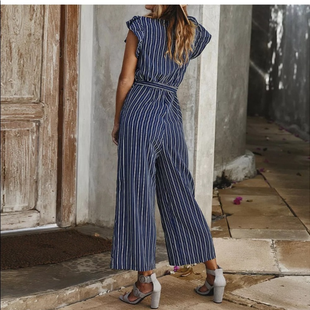 Striped Ruffle-Sleeve Jumpsuit - Picture 5 of 7